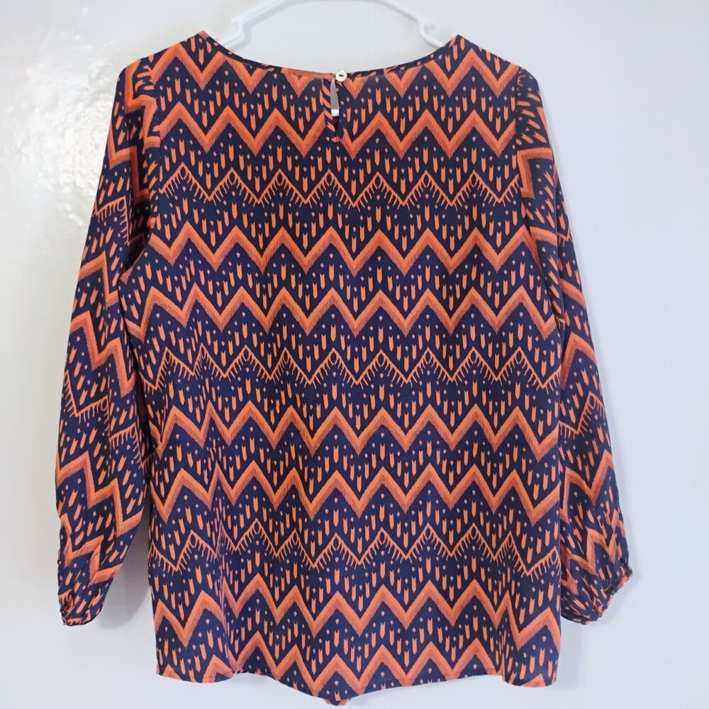 Ellie Kai Silk Blouse Sz 4 Orange Navy Printed Long Sleeve Flowy Top - Picture 4 of 4